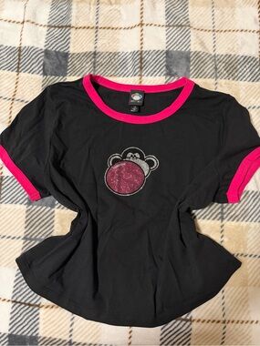 Women's Black Crop Top with Hot Pink Trim and Sequin Bear Graphic